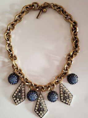 Oscar de la Renta Sapphire Blue Gold Crystal Statement Necklace